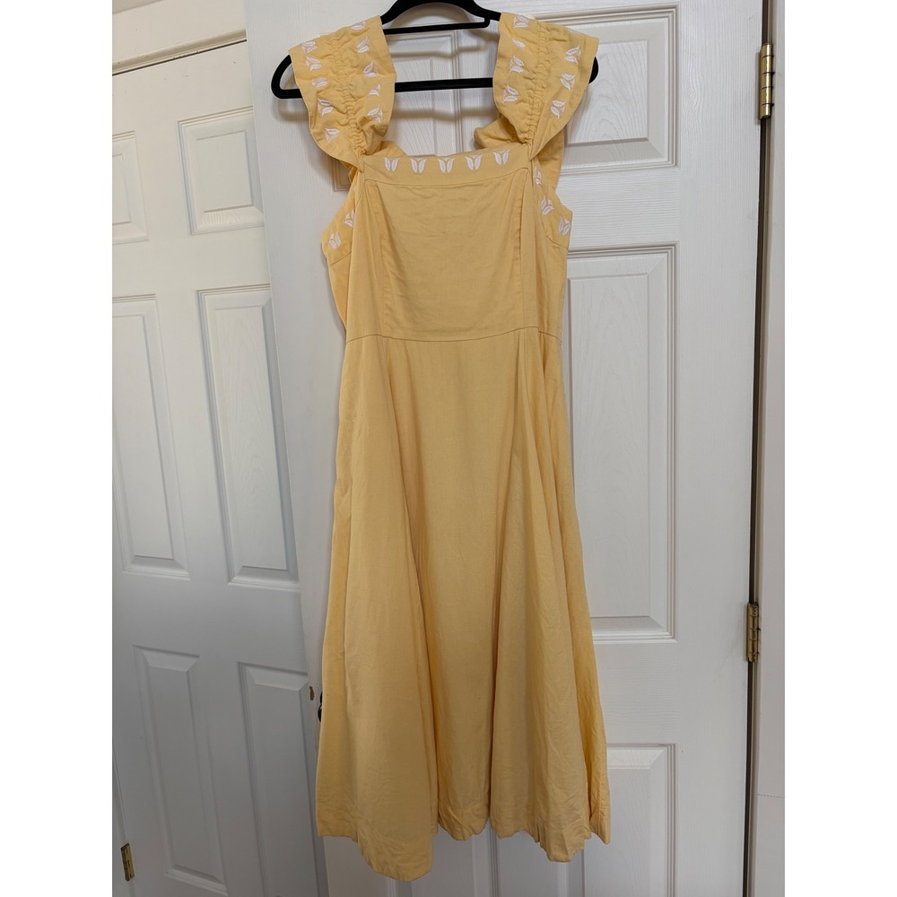 Crown & Ivy yellow midi dress with white embroidery sz 12